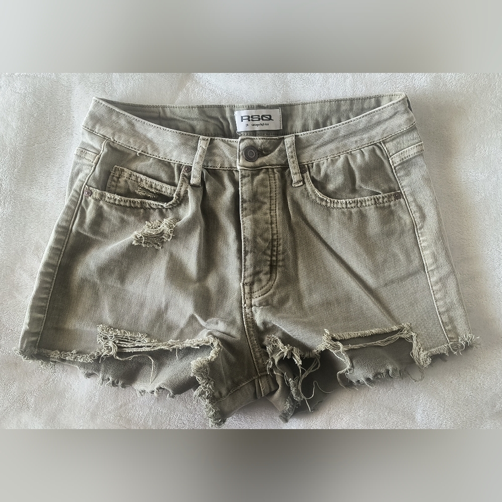 RSQ Light Olive Denim Micro Shorts Cut Off Vintage High Rise 29 Button Fly